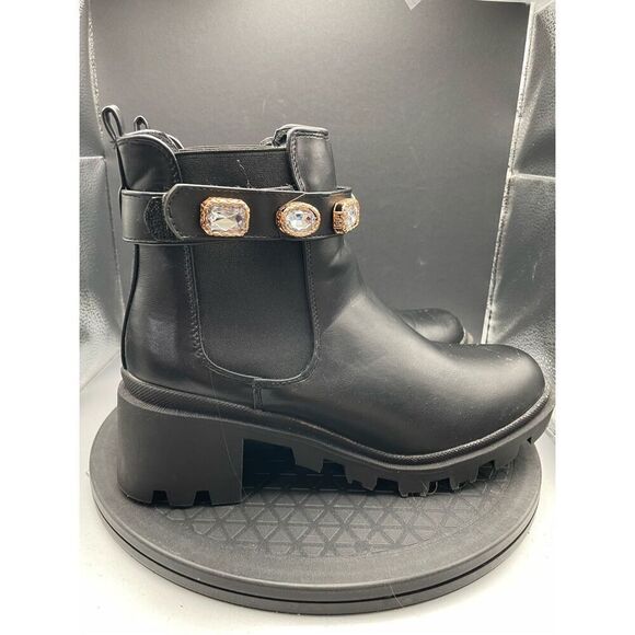 Chelsea Boots Black with Block Heel & Bedazzled Gem Cuff Size 9 Chunky Blingy - Picture 2 of 13